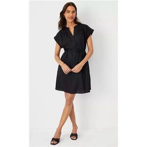 NWT Ann Taylor Linen Belted Split Neck Shirt Dress Sz XL Black Quiet Luxury Mini